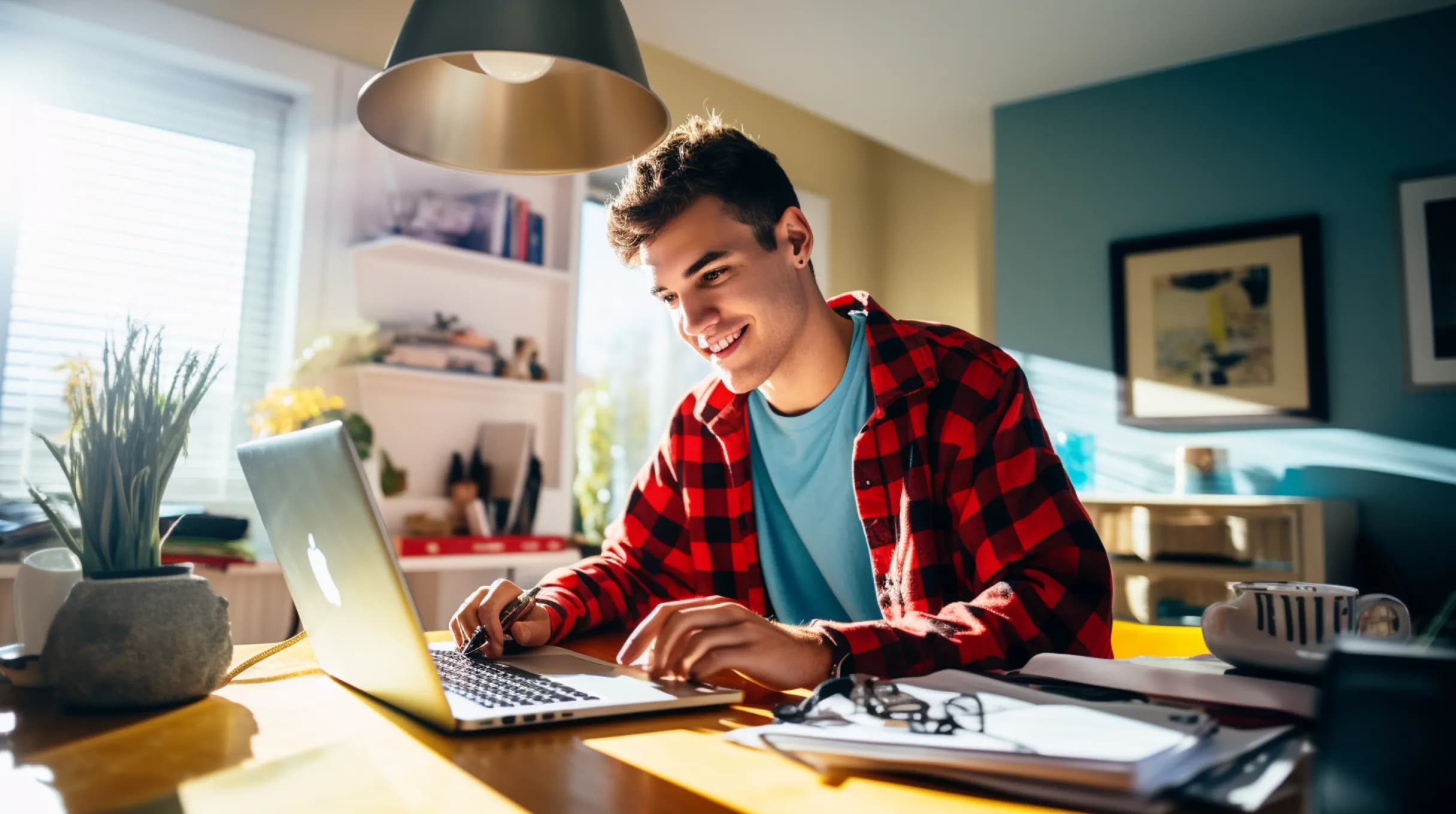 A man working on a laptop in a home office